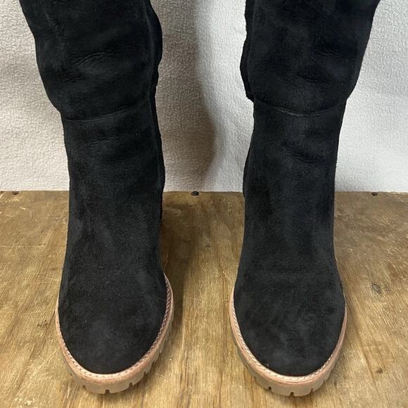 Coach Keely Knee Boots Suede Leather Shearling Lined Wedge Heel Womens 6.5 Black - Picture 3 of 16